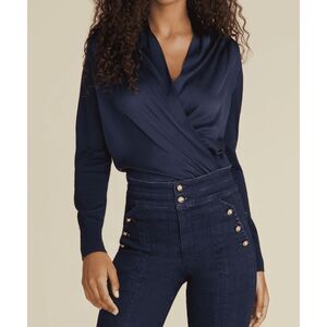 VERONICA BEARD Sweater Womens Small Navy Surplice Wool Body Silk Front INGRID